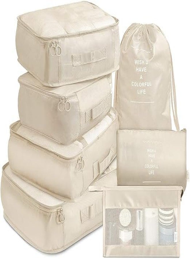 STESHWK Travel Packing Cosmetics Luggage Packing Organizers for Clothes, Cosmetics, Underwear, Socks, Shoes Toiletry Bag Suitcase Foldable Set of 7 (Beige) - Image 1